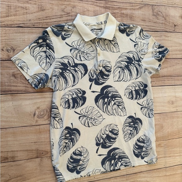 Jack & Jones Cream and Blue  Polo Shirt with Tropical Leaf Design/size M - Picture 4 of 10